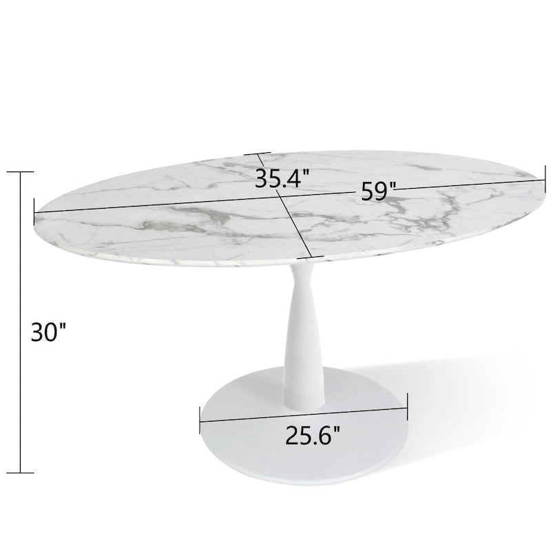 Table à manger sur pied ovale avec plateau en faux marbre blanc
