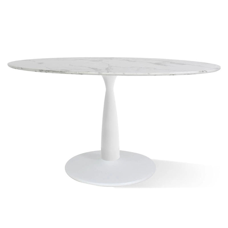 Table à manger sur pied ovale avec plateau en faux marbre blanc