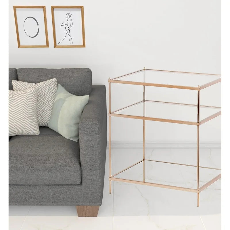 Table d'appoint miroir carrée en verre doré et fer avec étagère - 22x18x26.75