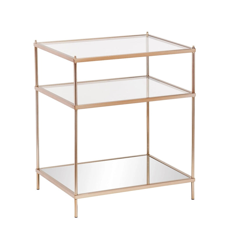 Table d'appoint miroir carrée en verre doré et fer avec étagère - 22x18x26.75