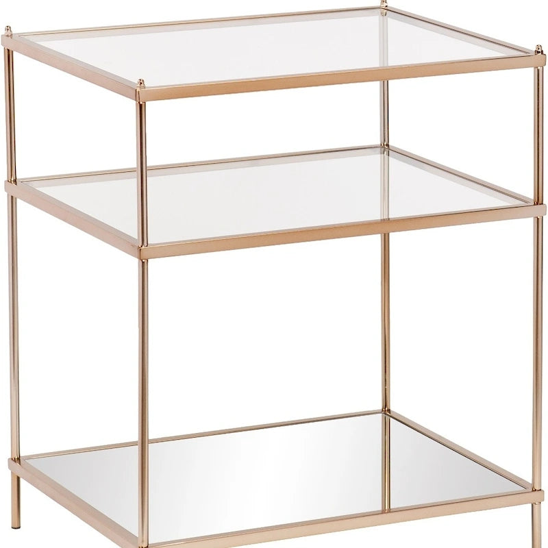 Table d'appoint miroir carrée en verre doré et fer avec étagère - 22x18x26.75