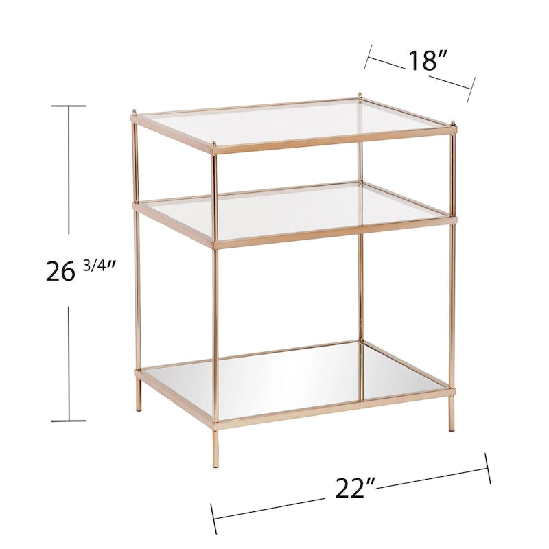 Table d'appoint miroir carrée en verre doré et fer avec étagère - 22x18x26.75