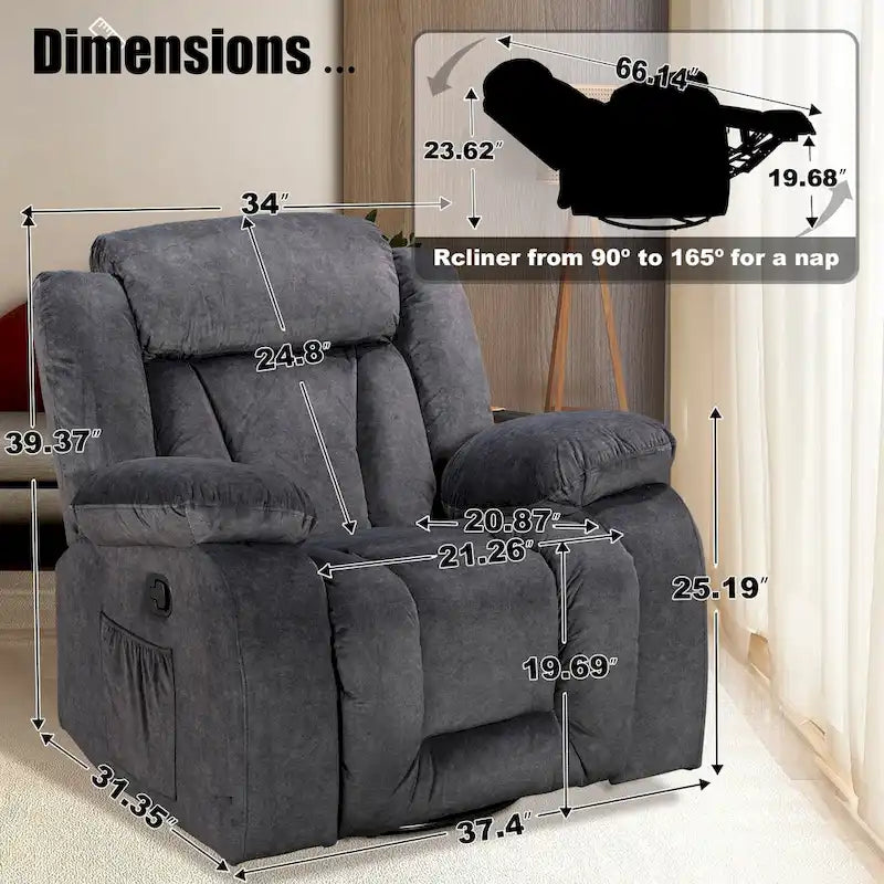 Fauteuil inclinable chauffant et massant grand confort, taille standard