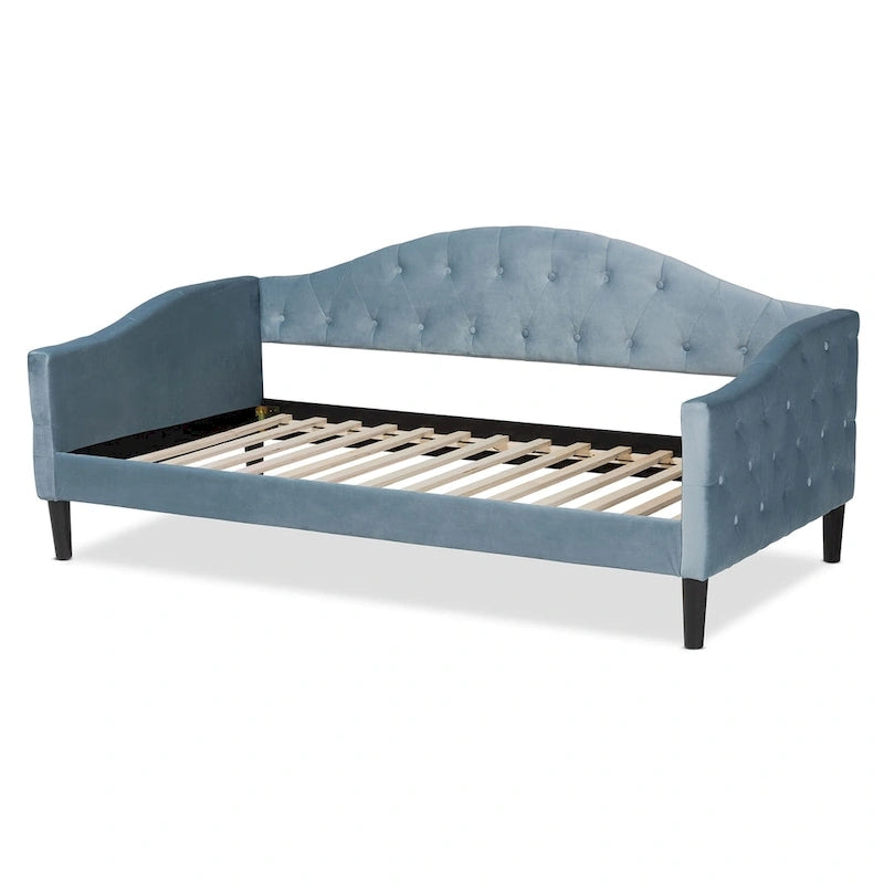 Lit de repos en velours bleu clair rembourré en bois Benjamin Modern&Contemporary