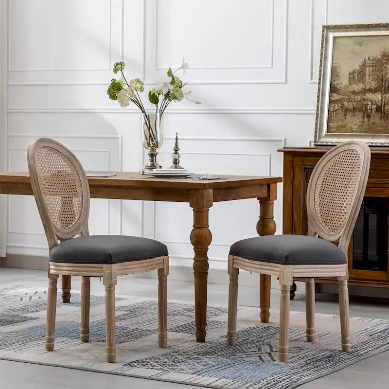 Style Solid Wood Frame Antique Painting Rattan Back Dining Chair Set of 2
