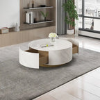 Table Basse Ronde Moderne, Plateau en Pierre Frittée Blanche avec 2 Tiroirs