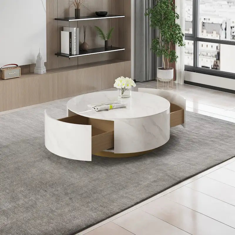 Table Basse Ronde Moderne, Plateau en Pierre Frittée Blanche avec 2 Tiroirs