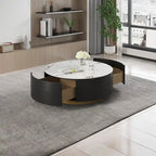 Table Basse Ronde Moderne, Plateau en Pierre Frittée Blanche avec 2 Tiroirs