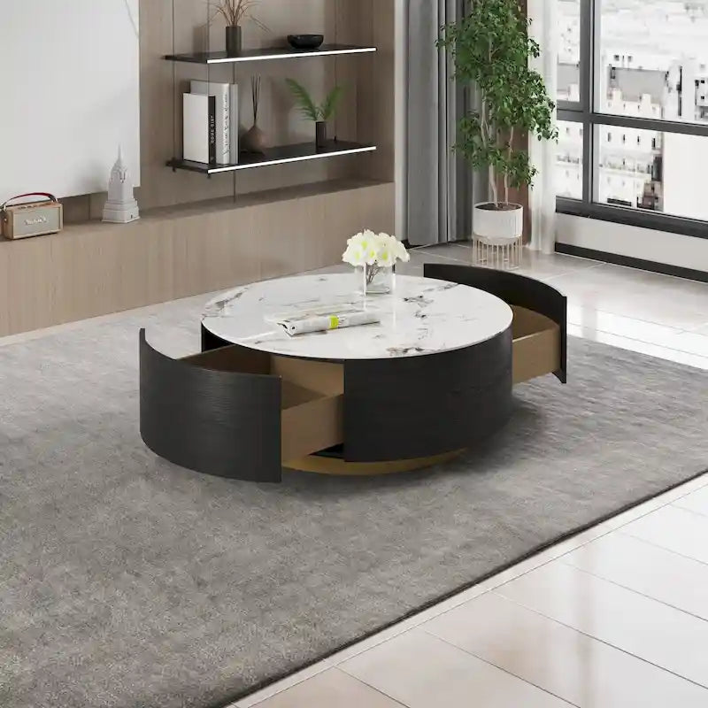 Table Basse Ronde Moderne, Plateau en Pierre Frittée Blanche avec 2 Tiroirs