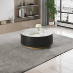 Table Basse Ronde Moderne, Plateau en Pierre Frittée Blanche avec 2 Tiroirs