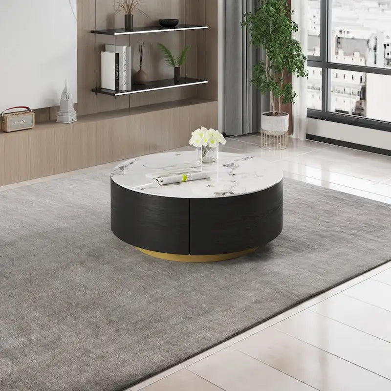 Table Basse Ronde Moderne, Plateau en Pierre Frittée Blanche avec 2 Tiroirs