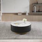 Table Basse Ronde Moderne, Plateau en Pierre Frittée Blanche avec 2 Tiroirs