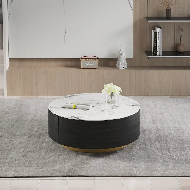 Table Basse Ronde Moderne, Plateau en Pierre Frittée Blanche avec 2 Tiroirs