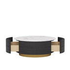 Table Basse Ronde Moderne, Plateau en Pierre Frittée Blanche avec 2 Tiroirs