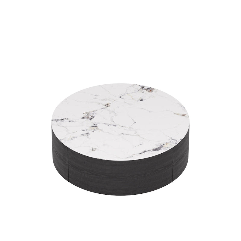 Table Basse Ronde Moderne, Plateau en Pierre Frittée Blanche avec 2 Tiroirs