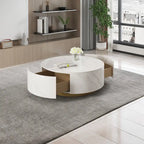 Table Basse Ronde Moderne, Plateau en Pierre Frittée Blanche avec 2 Tiroirs