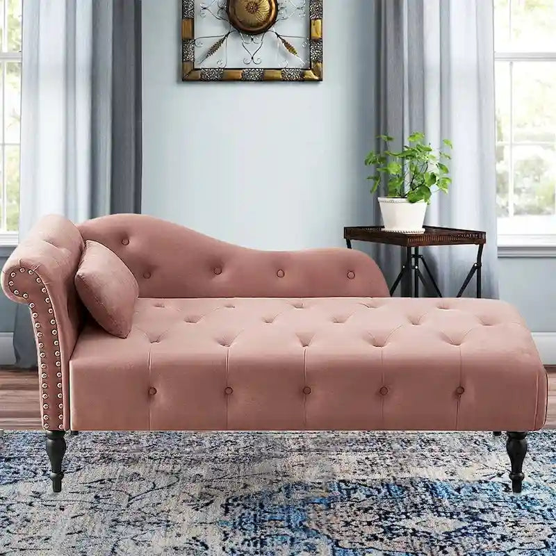 Méridienne 60W en velours, capitonnée avec oreiller et clous décoratifs – 153,9 cm L x 69,8 cm P x 71,9 cm H