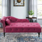 Méridienne 60W en velours, capitonnée avec oreiller et clous décoratifs – 153,9 cm L x 69,8 cm P x 71,9 cm H