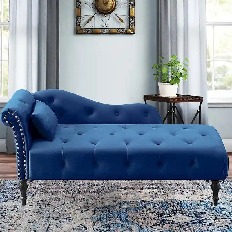 Méridienne 60W en velours, capitonnée avec oreiller et clous décoratifs – 153,9 cm L x 69,8 cm P x 71,9 cm H