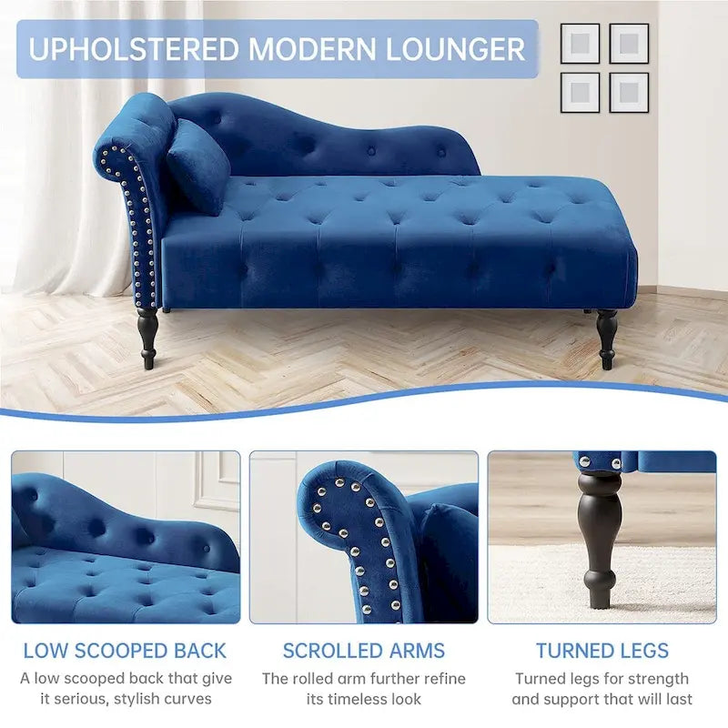Méridienne 60W en velours, capitonnée avec oreiller et clous décoratifs – 153,9 cm L x 69,8 cm P x 71,9 cm H