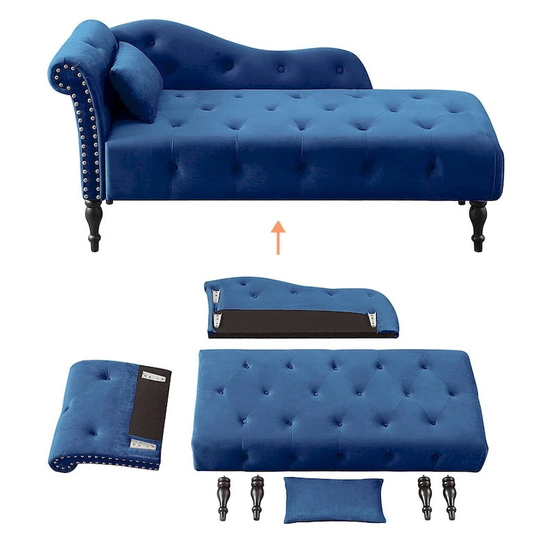 Méridienne 60W en velours, capitonnée avec oreiller et clous décoratifs – 153,9 cm L x 69,8 cm P x 71,9 cm H