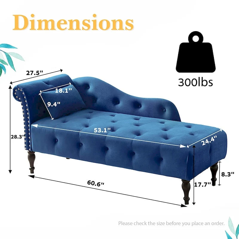 Méridienne 60W en velours, capitonnée avec oreiller et clous décoratifs – 153,9 cm L x 69,8 cm P x 71,9 cm H