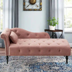 Méridienne 60W en velours, capitonnée avec oreiller et clous décoratifs – 153,9 cm L x 69,8 cm P x 71,9 cm H