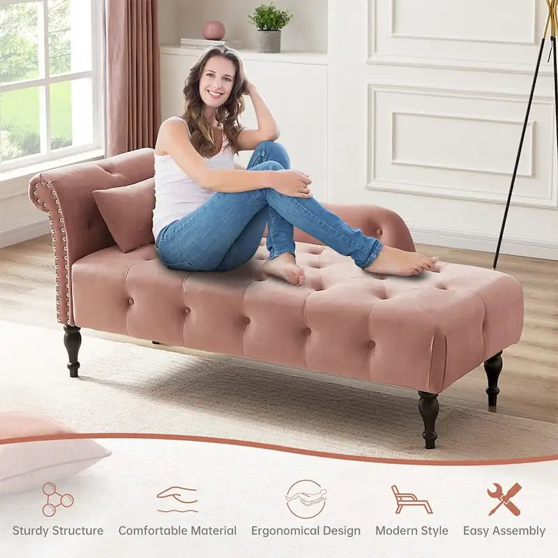 Méridienne 60W en velours, capitonnée avec oreiller et clous décoratifs – 153,9 cm L x 69,8 cm P x 71,9 cm H
