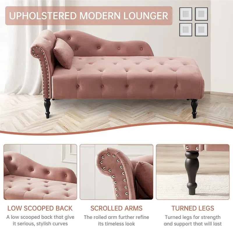 Méridienne 60W en velours, capitonnée avec oreiller et clous décoratifs – 153,9 cm L x 69,8 cm P x 71,9 cm H
