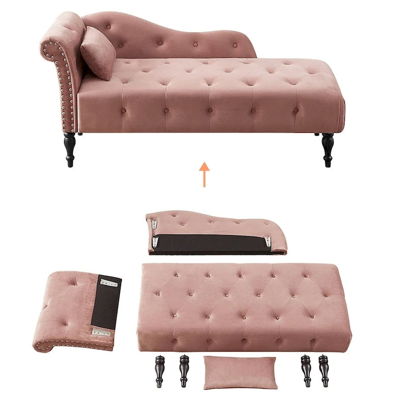Méridienne 60W en velours, capitonnée avec oreiller et clous décoratifs – 153,9 cm L x 69,8 cm P x 71,9 cm H