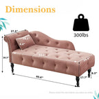 Méridienne 60W en velours, capitonnée avec oreiller et clous décoratifs – 153,9 cm L x 69,8 cm P x 71,9 cm H