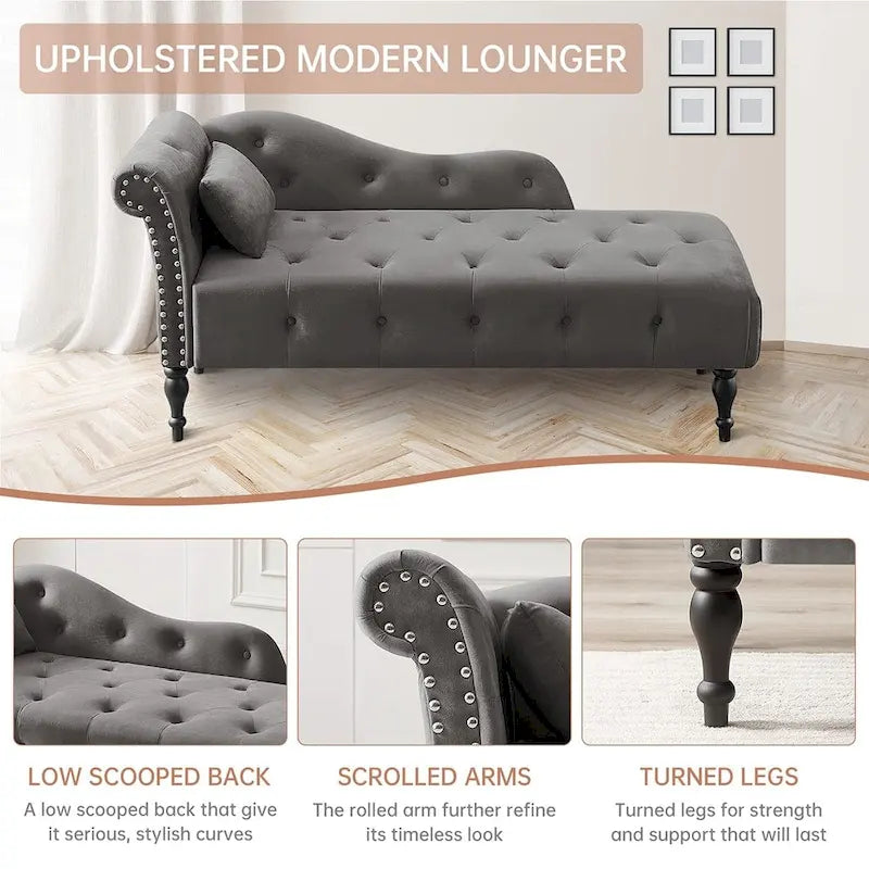 Méridienne 60W en velours, capitonnée avec oreiller et clous décoratifs – 153,9 cm L x 69,8 cm P x 71,9 cm H