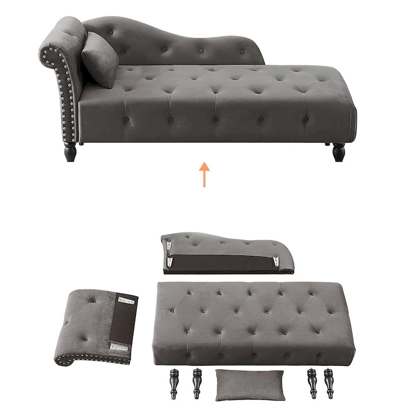 Méridienne 60W en velours, capitonnée avec oreiller et clous décoratifs – 153,9 cm L x 69,8 cm P x 71,9 cm H