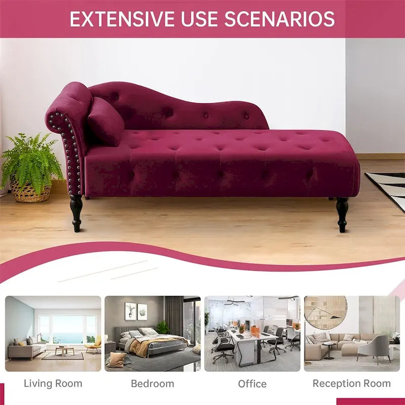 Méridienne 60W en velours, capitonnée avec oreiller et clous décoratifs – 153,9 cm L x 69,8 cm P x 71,9 cm H