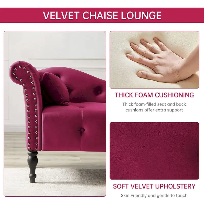 Méridienne 60W en velours, capitonnée avec oreiller et clous décoratifs – 153,9 cm L x 69,8 cm P x 71,9 cm H