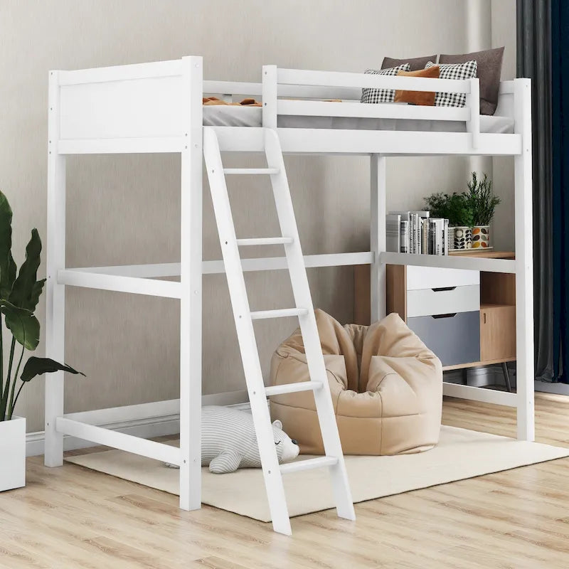 Lit mezzanine double en bois massif avec échelle