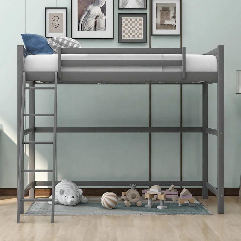 Lit mezzanine double en bois massif avec échelle