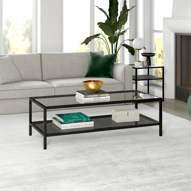 Table basse rectangulaire – Structure en acier et étagère en métal perforé, 45x20x17"
