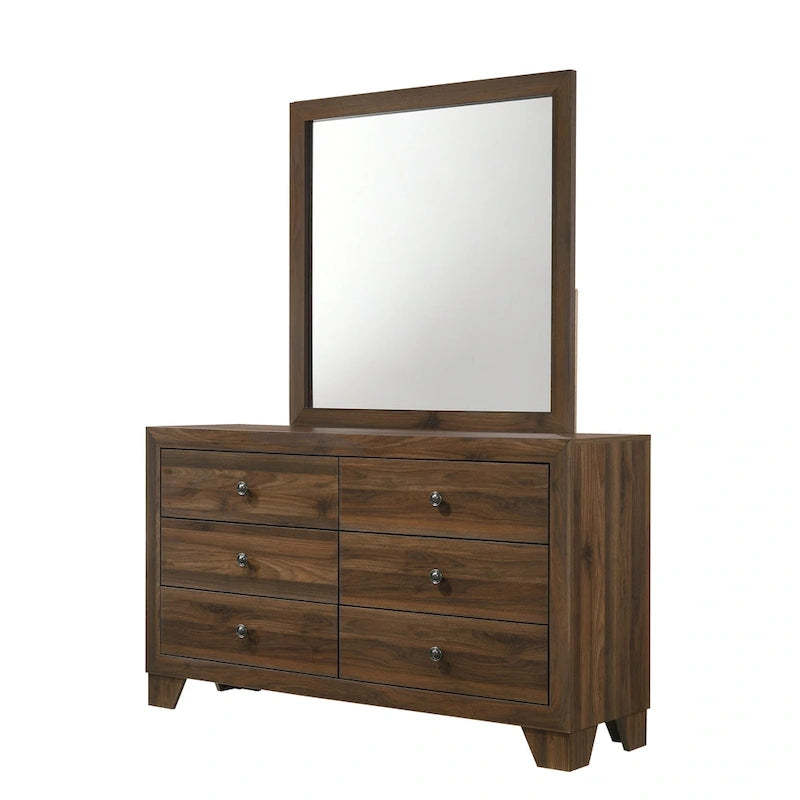 Chambre à coucher 5 pièces avec panneaux couleur cerisier et marron – Lit, commode, miroir et 2 tables de chevet