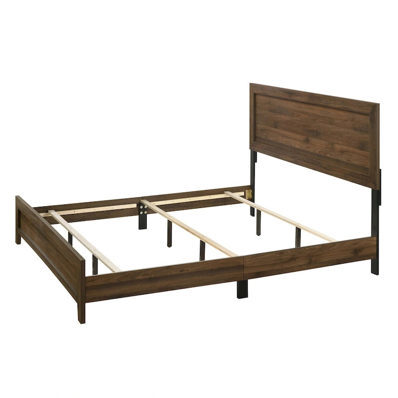 Chambre à coucher 5 pièces avec panneaux couleur cerisier et marron – Lit, commode, miroir et 2 tables de chevet