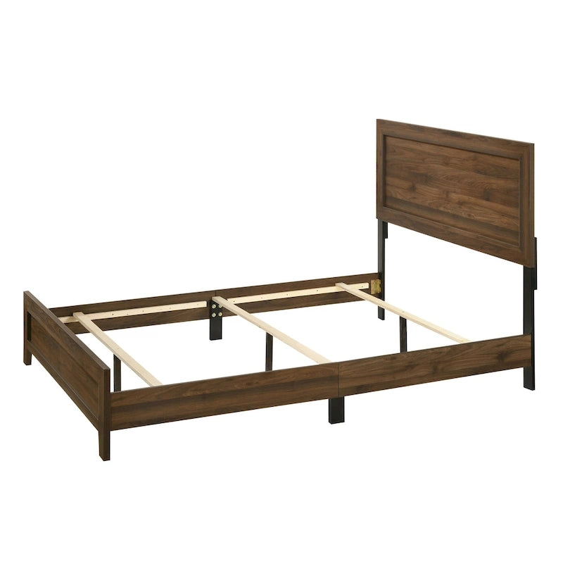Chambre à coucher 5 pièces avec panneaux couleur cerisier et marron – Lit, commode, miroir et 2 tables de chevet