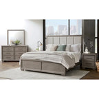 Ensemble de chambre à coucher 6 pièces en bois gris – Lit rembourré, commode, miroir, 2 tables de chevet et chiffonnier