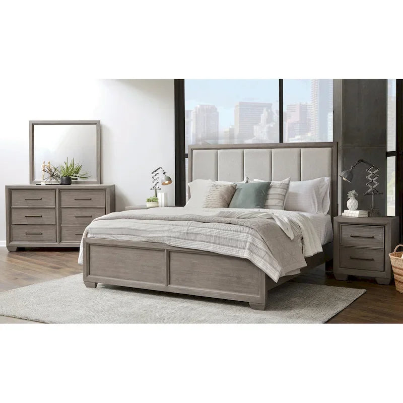 Ensemble de chambre à coucher 6 pièces en bois gris – Lit rembourré, commode, miroir, 2 tables de chevet et chiffonnier