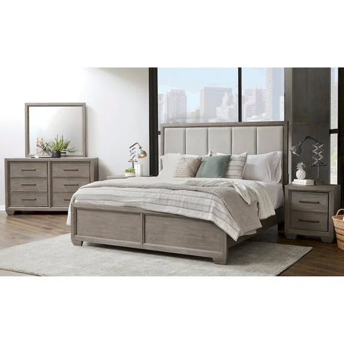 Ensemble de chambre à coucher 6 pièces en bois gris – Lit rembourré, commode, miroir, 2 tables de chevet et chiffonnier