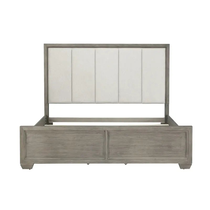 Ensemble de chambre à coucher 6 pièces en bois gris – Lit rembourré, commode, miroir, 2 tables de chevet et chiffonnier