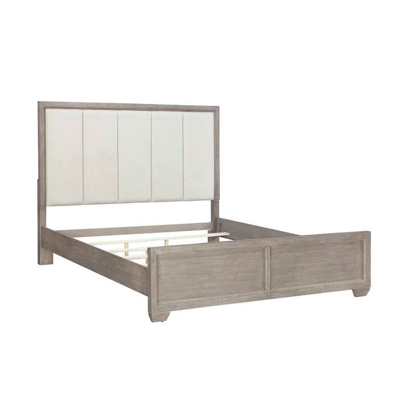 Ensemble de chambre à coucher 6 pièces en bois gris – Lit rembourré, commode, miroir, 2 tables de chevet et chiffonnier
