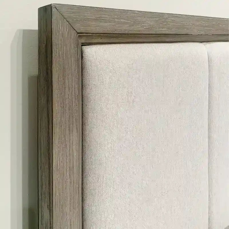 Ensemble de chambre à coucher 6 pièces en bois gris – Lit rembourré, commode, miroir, 2 tables de chevet et chiffonnier