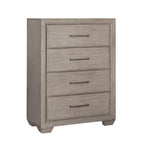 Ensemble de chambre à coucher 6 pièces en bois gris – Lit rembourré, commode, miroir, 2 tables de chevet et chiffonnier