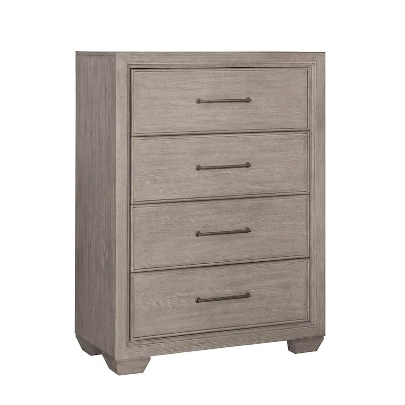 Ensemble de chambre à coucher 6 pièces en bois gris – Lit rembourré, commode, miroir, 2 tables de chevet et chiffonnier