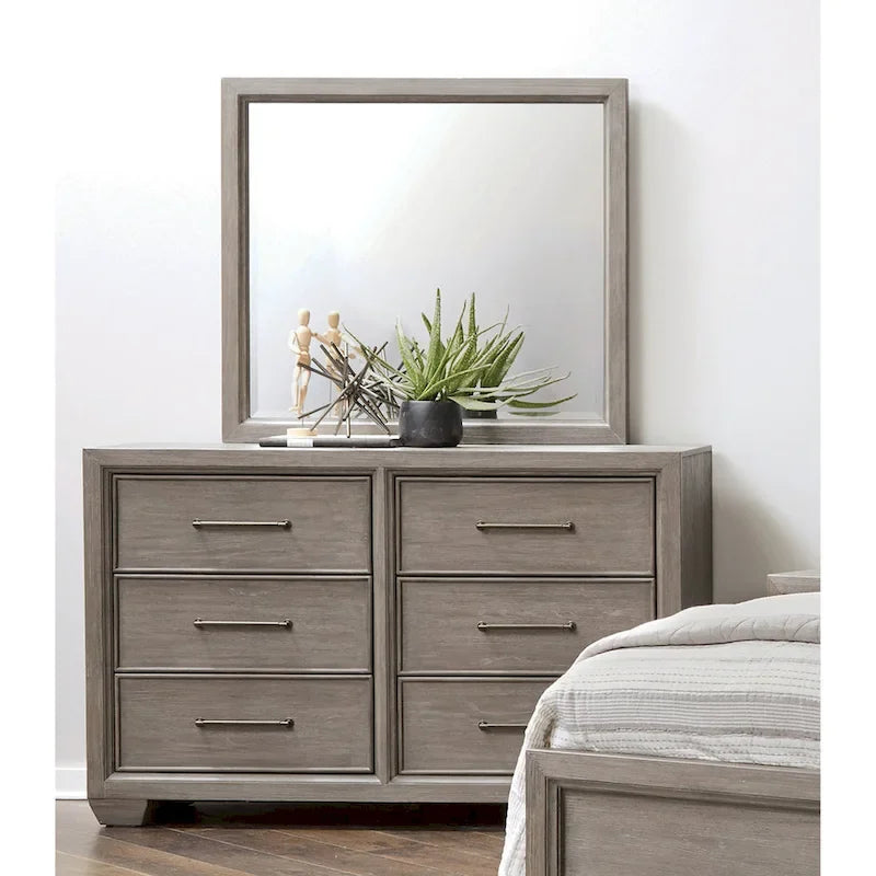 Ensemble de chambre à coucher 6 pièces en bois gris – Lit rembourré, commode, miroir, 2 tables de chevet et chiffonnier